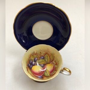 Aynsley Tea Cup & Saucer Cobalt Blue Orchard Fruit England Bone China Gold Rim